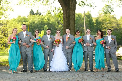 "We had the guys wear the light grey tuxes," says Heather. "This meshed with the tropical feel we wanted to have and also the more relaxed and casual feel we were going for. The bright oranges in Joeys vest and tie also matched perfectly with the colors in the flowers."  	Photo by Kristen Wynn Photography 	Venue: The Atrium 	Bride's Gown by Demetrios from Macy's 	Bride's Veil by Frills Ltd. 	Groom's Attire by Calvin Kl... Teal And Grey Wedding, Bridesmaid Dresses Different Colors, Wedding Party Attire, Grey Wedding Theme, Ideas Wedding Party, African Bridesmaids, Teal Wedding Colors, Suits Groom, Grey Photography