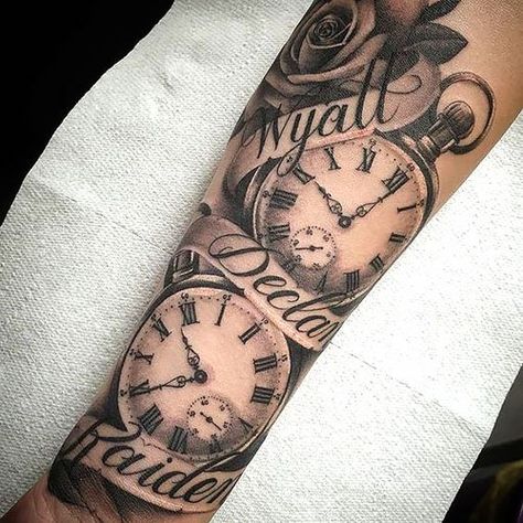 100 Powerful Name Tattoo Ideas for 2022 - The Trend Spotter Tatto Clock, Clock Tattoo Sleeve, Clock And Rose Tattoo, Name Tattoo Design, Watch Tattoo Design, Family Tattoos For Men, Pocket Watch Tattoos, Names Tattoos For Men, Clock Tattoo Design