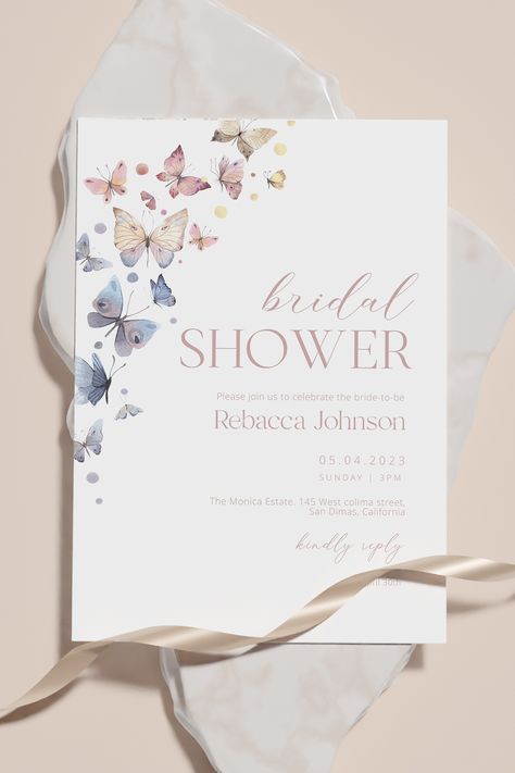 The Boho butterflies bridal shower with elegant butterflies design invitation is a fully editable template. Perfect match to spring and summer bridal showers or Elegant floral Wedding theme. Template is an instant digital download and printable at your home or online/local printing store. Bridal Shower Invitations Butterfly, Heres To A Lifetime Of Butterflies Bridal, Butterfly Bridal Shower Invitations, Lifetime Of Butterflies Bridal Shower Theme, Butterfly Theme Bridal Shower Ideas, Bridal Shower Butterfly Theme, Butterfly Bridal Shower Theme, Butterflies Bridal Shower Theme, Butterfly Bridal Shower Ideas