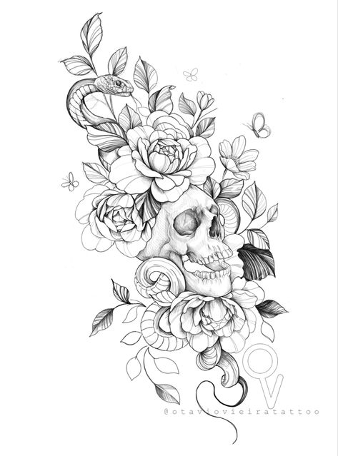 @otavioblacktattoo Snake Tattoo Flowers, Skull Snake Flower Tattoo, Botanical Skull Tattoo, Cover Up Tattoos Flowers, Skull And Flowers Tattoo Design, Snake With Flowers Tattoo, Snake And Skull Tattoo, Skull With Flowers Tattoo, Skull And Flower Tattoo