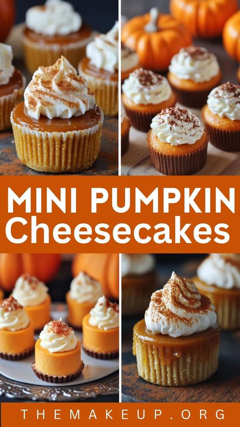 Delicious Mini Pumpkin Cheesecake Recipe 🍂 Pumpkin Cheesecake Bites, Pumpkin Cheesecake Muffins, Pumpkin Cheesecakes, Mini Pumpkin Cheesecake, Pumpkin Cheesecake Recipes, Cheesecake Bites, Mini Cheesecakes, Fall Treats, Mini Pumpkins