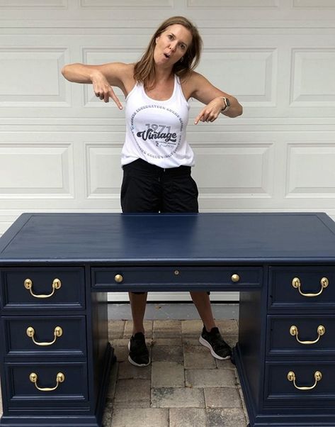 Large Desk Makeover, Navy Blue Desk Makeover, Repainted Desk Ideas, Refinishing Desk Ideas, Painted Executive Desk, Before And After Desk Makeover, Navy Desk, Dark Blue Desk, Diy Old Desk Makeover Ideas