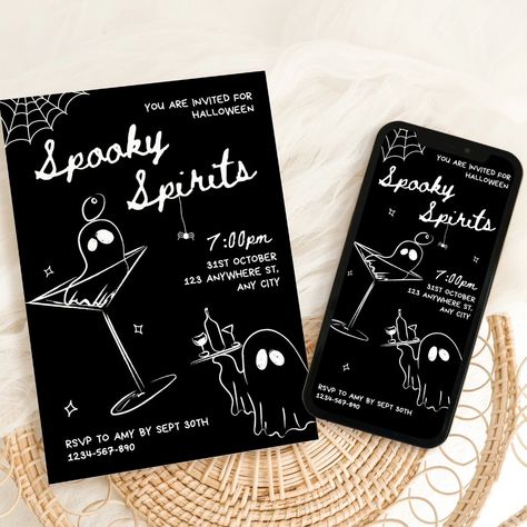 It's time for spooky spirits for a Halloween party! 👻🍸 This hand drawn style scribble Halloween invitation template, will prepare you for a Halloween cocktail party like no other! This Halloween invite set is easy to edit, ready for your upcoming ghouls night out or Halloween drinks. Planning a Halloween gathering just got easier! With these handdrawn style stunning spooky season themed handwritten invitation editable templates. The perfect way to plan a spooky party. This black and white ... Ghouls Night Out, Halloween Cocktail Party, Ghouls Night, Halloween Invitation Template, Halloween Invite, Halloween Cocktail, Spooky Party, Halloween Invitation, Halloween Cocktails