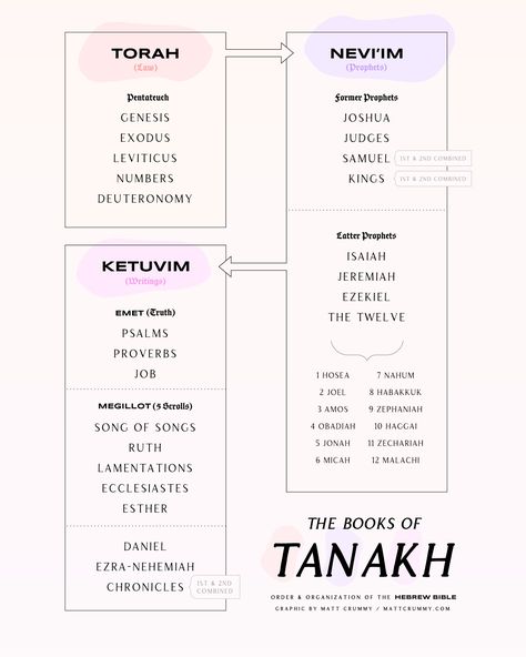 Listing of the books of the Old Testament in the traditional Jewish order of the scriptures (also known as the TaNaKh). Jewish Bible Study, Torah Study Journal, Tanakh Book, Old Testament Reading Plan, Jewish Conversion, Books Of The Old Testament, Hebrew Scriptures, Jewish Bible, Jewish Beliefs