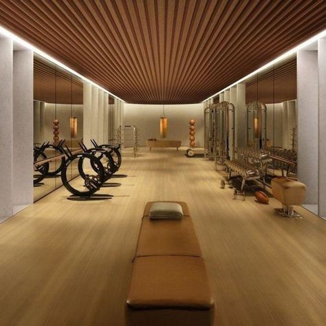 Fitness center, wood slat ceiling, perimeter linear light Modern Home Gym Design, Modern Home Gym, Gym Lighting, Gym Design Interior, Basement Gym, Hotel Gym, Gym Room At Home, Gym Interior, Best Home Gym