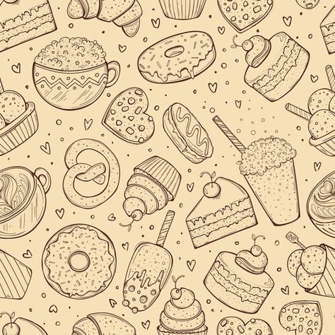 Seamless pattern, crafted sweets doodle ... | Premium Vector #Freepik #vector #background #pattern #food #vintage Presentation Pictures, Cake Wallpaper, Cake Vector, Cake Drawing, Doodle Background, Patterned Cake, Doodle Art Journals, Disney Orlando, Food Patterns