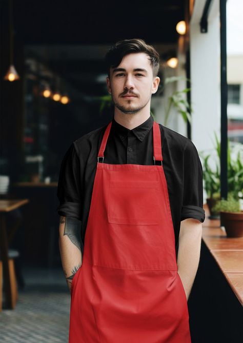 Man in black shirt with red apron | free image by rawpixel.com / ploypalyn Restaurant Mockup, Men's Shirt Apron, Barista Shirt, Shirt Apron, Bar Apron, Apparel Mockup, Red Apron, Chef Clothes, Black Apron