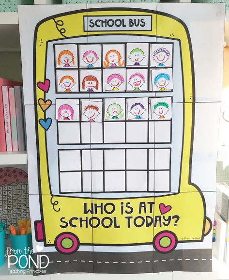 School Bus Attendance Poster - Students add their photo or drawing to the bus each morning! | #FromThePond #AttendanceSolutions #ClassroomAttendance #TenFramesForNumberSenseToo #TeacherTips #TpT Student Attendance Board, Attendance Chart For Preschool, Attendance Chart For Kindergarten, Attendance Chart Preschool Ideas, Attendance Chart Ideas, Preschool Attendance Chart, Attendance Register Decoration Ideas, Classroom Attendance Chart, Attendance Board Ideas