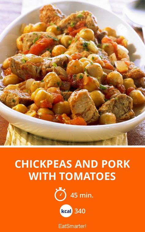 Chickpeas and Pork with Tomatoes - few calories - simple dish - So healthy is the recipe: 9.1/10 | A recipe idea by EAT SMARTER | Ragout, Meat #pork #healthyrecipes Chickpea And Sausage Recipes, Hummingbird Cake Recipes, Smoked Sausage Recipes, Dry Chickpeas, Tomatoes Recipe, Pork Stew, Hummingbird Cake, Pork Steak, Pea Recipes