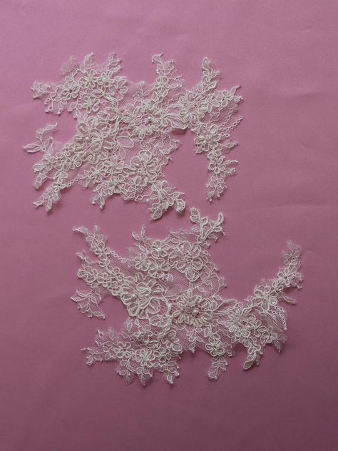 Set of 2 LACE  Appliqués  SADIE by allysonjames on Etsy Embellished Wedding Dress, Shade Card, Calico Fabric, Crystal Trim, Bridal Fabric, Corded Lace, Gold Fabric, Pink Champagne, Fabric Trim