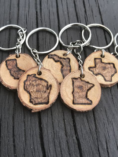 Wood Slice Keychain, Art Closet, Slice Ideas, Burt Macklin, Keychain For Him, Keychain Wood, Small Keychain, Glowforge Ideas, Cabin Crafts