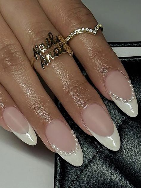 24 Pieces Long Almond White French style Pattern 3D Pearl Spot Drill ABS Full Cover Glossy False Grad Nails, Pink Stiletto Nails, Manicured Nails, Engagement Nails, Ten Nails, Milky Nails, Prom 2024, Tapered Square, Easy Nails