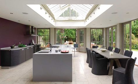 roof lantern in a kitchen diner extension Kitchen Extension With Roof Lantern, Flat Roof Lights, Conservatory Design, Kitchen Diner Extension, Modern Roofing, Interior Design Contemporary, Floor Heating Systems, Timber Roof, Roof Extension