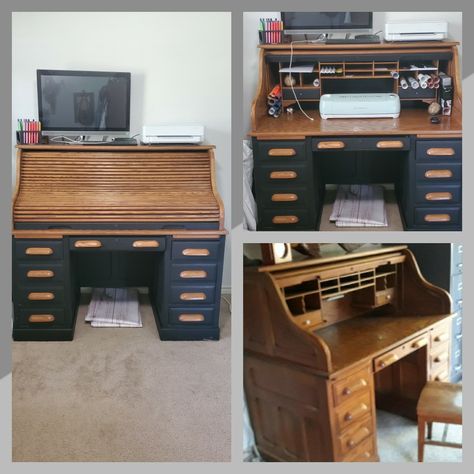 Repurpose Roll Top Desk Ideas, Refurbished Roll Top Desk Ideas, Cricut Work Station, Repurposed Roll Top Desk Bar, Rolltop Desk Repurpose, Rolltop Desk Makeover, Upcycled Roll Top Desk, Office Furniture Makeover, Backyard Farmhouse