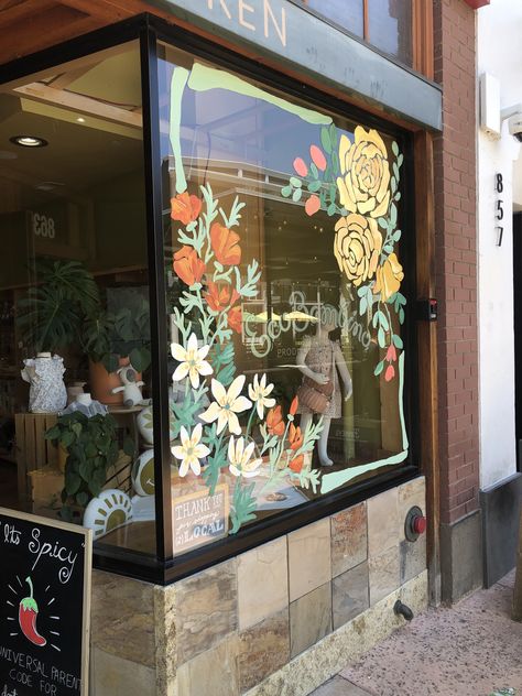 Cafe Window Painting, Boutique Window Painting Ideas, Window Painting Ideas Business, Floral Window Art, Window Flower Painting, Painted Window Display, Store Window Painting Ideas, Floral Window Painting, Flower Window Art