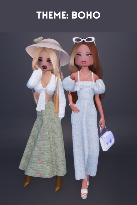 theme: boho Boho Dress To Impress Outfit Ideas, Dti Theme Boho, Dress To Impress Boho Theme, Boho Dti Outfit, Boho Outfits Dress To Impress, Boho Dress To Impress, Aesthetic Roblox Outfits, Dti Codes, Roblox Hacks