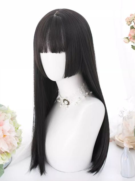 Transform your look with our black-brown princess cut synthetic wig. This straight, full bangs wig is perfect for adding a touch of elegance and charm to any outfit. Made with high-quality synthetic fibers, this wig offers a natural and comfortable fit. Whether you're going for a Lolita or Kawaii style, this wig is a must-have accessory.   Please note that this product includes only the wig. Garment Size SizeFree SizeHair Length58 Bangs Hairstyles Wig, Black Hair Wig, Oregon Aesthetic, Brown Princess, Kawaii Wigs, Trendy Bob Hairstyles, Hairstyle Examples, Full Bangs, Bangs Wig