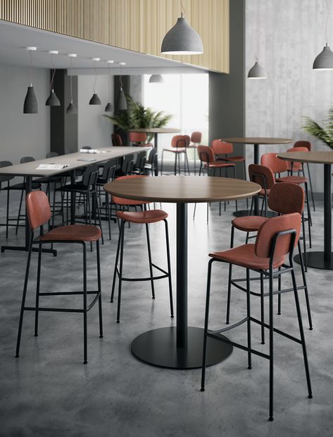 Bryn Bar-Height Stools rust color upholstery in restaurant High Table And Chairs, High Bar Table, Office Break Room, Tile Floor Living Room, Church Interior Design, Lounge Club, Bar Table And Stools, Cafe Furniture, Church Interior