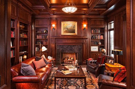 Home Library Design Ideas-47-1 Kindesign Classic Home Library Design, Cozy Libraries, Home Library Design Ideas, Traditional Library, Home Library Rooms, Traditional Family Room, Home Library Design, Reading Nooks, Home Libraries