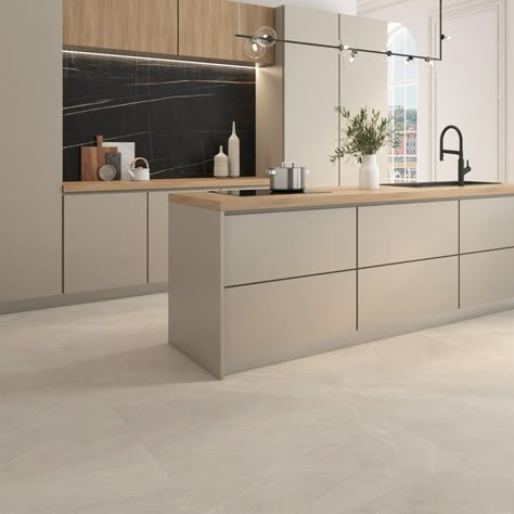 - Beige Floor Tile, Taupe Kitchen, Sand Floor, Neutral Kitchen, Beige Kitchen, Kitchen Floor Tile, Kitchen Inspiration Design, Porcelain Flooring, Minimalist Kitchen