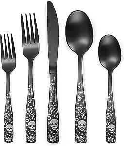 Halloween Party Events, Black Flatware, Halloween Tableware, Stainless Steel Flatware, High Quality Food, Serving Utensils, Utensil Set, Skull Design, Flatware Set