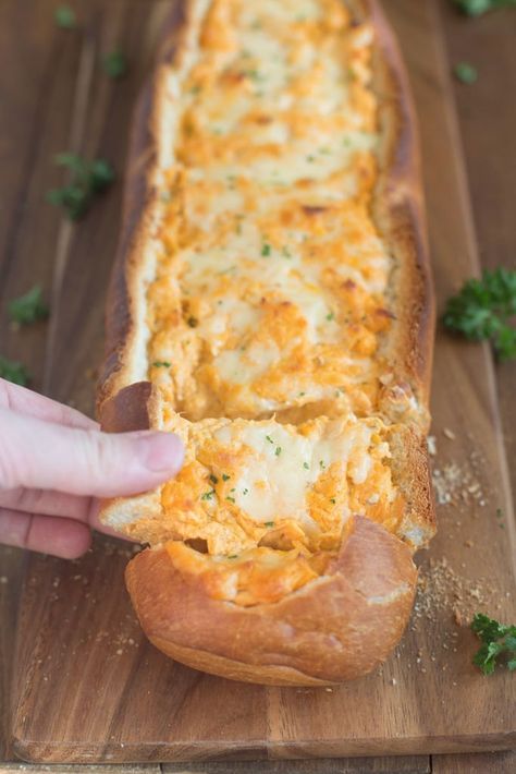 Buffalo Chicken Stuffed Bread is crusty artisan bread filled with buffalo chicken dip. It is a perfect party or game day appetizer. Chicken Stuffed Bread, Buffalo Chicken Bread, Crusty Artisan Bread, Chicken Bread, Stuffed Bread, Chicken Stuffed, Cheesy Bread, Chicken Dip, Superbowl Snacks