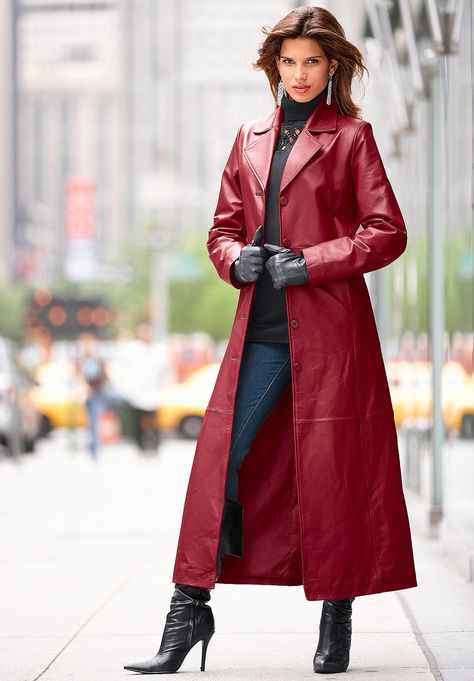 red leather long coat Trent Coat, Leather Coat Womens, Long Leather Coat, Long Winter Coats, Leather Trench, Red Coat, Leather Trench Coat, Fall Fashion Trends, Faux Leather Jackets