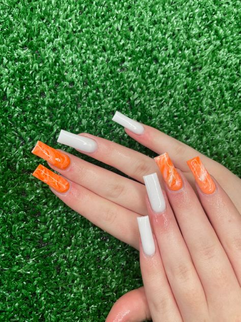 Orange And White Marble Nails, Milky White And Orange Nails, Orange Marble Nails Acrylic, White And Orange Nails Acrylic, Orange Square Acrylic Nails, Orange And White Nail Designs, Orange White Nails, White And Orange Nails, Orange And White Nails