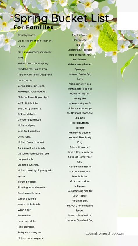 With this Spring Bucket List for Families, you will have 54 ideas for fun activities for the season. Includes links to help you plan your fun. Spring Family Activities, Make Hummingbird Food, Bucket List For Families, Spring Learning Activities, Spring Bucket List, Ideas For Fun, Bucket List Family, Easter Buckets, Earth Day Crafts