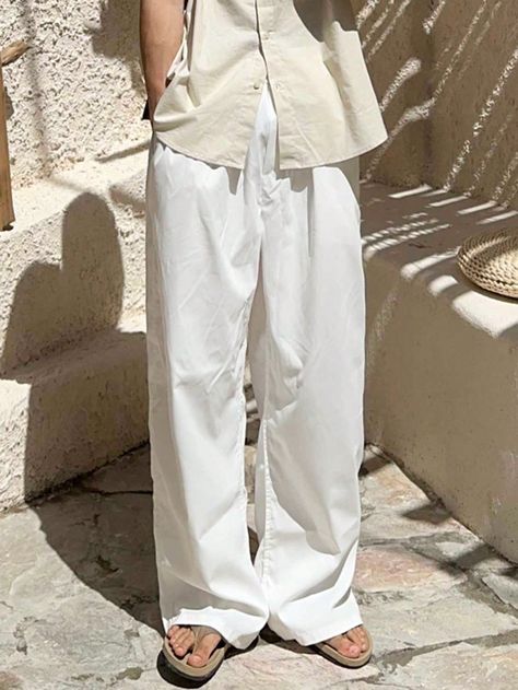 White Casual Collar  Woven Fabric Plain Wide Leg Embellished Non-Stretch  Men Clothing White Baggy Pants Outfit, White Trousers Outfit Men, Mens White Pants, White Wide Leg Pants Outfit, Casual Outfits Men, Men's Casual Outfits, Trousers Outfit Men, Baggy Pants Men, Baggy Pants Outfit