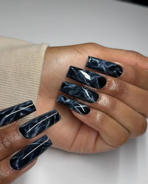 Black marble 🔪 #dovenailsbysharon #apresgelx #squarenails #blacknails Black And Blue Marble Nails, Black Marble Nails, Black Tie Dye, Marble Nails, Blue Marble, Nails Short, Square Nails, Gorgeous Nails, Black Marble