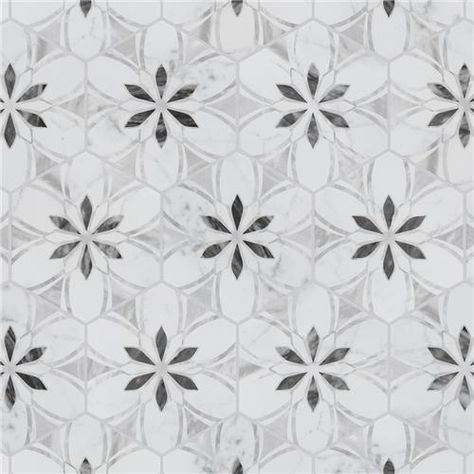 Classico Bardiglio Hex Dahlia Light 7"x8" Porcelain F/W Tile Floral Floor Tile, Affinity Tile, Hexagon Floor, Bathroom Tile Inspiration, Patterned Tile, Laundry Room Flooring, Patterned Wall, Floral Tiles, Merola Tile