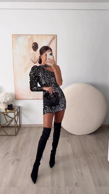 Glitter Boots Outfit, Cocktail Dress With Boots, Outfit Semiformal, Party Christmas Outfit, Dress Boots Outfit, New Years Eve Dress, One Shoulder Mini Dress, 30 Outfits, Red Carpet Ready