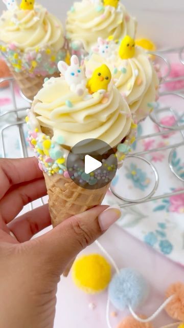 75K views · 1.7K likes | Precious Simons on Instagram: "Follow @bakedbyprecious for more spring and Easter  treat inspo!   I’ve done mini cake cones but I finally got to do them jumbo!! I’m in love with how cute these turned out!   Waffle cones dipped in @stoverandcompany Eleven o one white deluxe chocolate   Sprinkled with confetti and nonpareil sprinkles, and topped with a cute little bunny and chick, all from @wiltoncakes   These are filled with dulce de leche cake dough and topped with cream cheese buttercream 😋   #cakecones #eastertreats #springdesserts #easterdesserts #cakefilledcones #springtreats #bakedbyprecious #wiltoncakes" Cake Pops In Ice Cream Cones, Cakes With Ice Cream Cones On Top, Mini Ice Cream Cone Cake Pops, Cake Inside Ice Cream Cones, Cake Cones, Funfetti Easter Nest Cupcake Cones, Easter Cupcakes Easy, Cake Pop Bouquet, Leche Cake