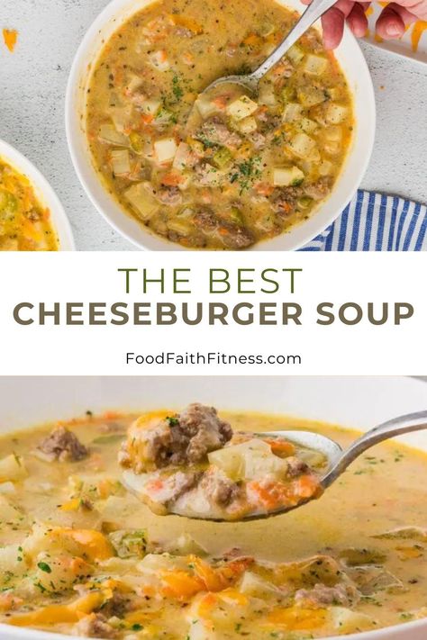 Enjoy your favorite fast food in a healthier and delicious twist with this Cheeseburger Soup! Ground Turkey Cheeseburger Soup, Turkey Cheeseburger Soup, Light Cheeseburger Soup, Healthy Cheeseburger Soup, Low Calorie Cheeseburger Soup, Healthy Cheeseburger Soup Crockpot, Cheeseburger Soup Recipe Critic, Cheeseburger Soup Allrecipes, Homemade Cheeseburgers