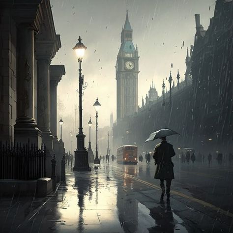 London Anime, Rivers Of London Fanart, Rainy London Wallpaper, Rainy Environment Concept Art, Rainy Cityscape, Raining City Painting, Rainy London Painting, Detective Aesthetic, Rainy City