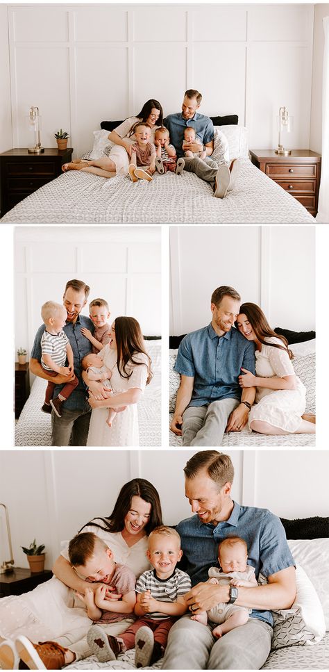 family photo shoot wardrobe inspiration, at-home family lifestyle, family of five, three boys under four, how to dress your family for photo shoot, home decor inspiration, white panel wall, must-have family photos, newborn photography, Tessa Tillett Robbins Photography Nb Family Photos, Healthy Family Photos, Family Photo Shoot Indoor, Family Photo In Home, In Home Pictures Family Photos, Family Photo Bedroom, Family Photo Outfits Indoor, Fall Family Photos At Home, Big Family Newborn Pictures