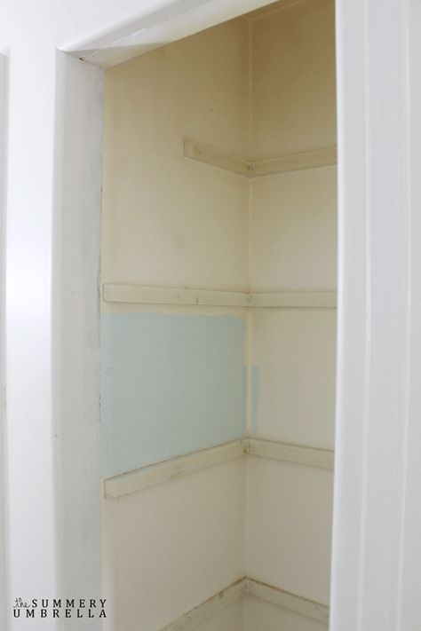 How To Organize A Deep Closet, Linen Closet Inspiration, Open Closet In Hallway, Linen Closet To Open Shelves, Doors For Linen Closet, Bathroom Open Closet Storage, Bathroom Hall Closet Organization, Build A Storage Closet, Deep Linen Closet Ideas