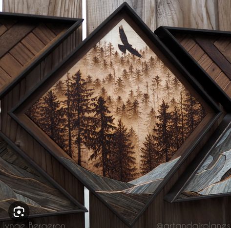 Unique Art Forms, Wood Burned Mountain Scene, Wood Burning Mountain Scene, Pyrography Landscape, Wood Burn Art, Wood Burning Gifts, Wood Burned Frames, Gardening Signs, Wooden Hammock Stand