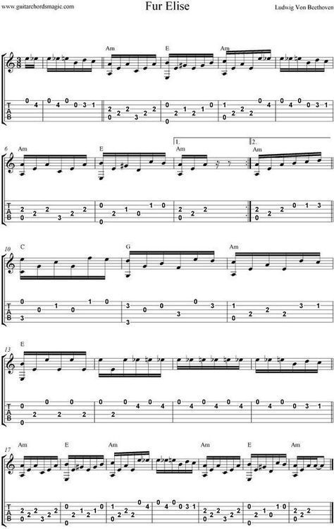 Classical Guitar Lessons, Classical Guitar Sheet Music, Easy Guitar Chords, Fur Elise, Learn Guitar Chords, Guitar Tabs Songs, Guitar Fretboard, Music Tabs, Ukulele Music