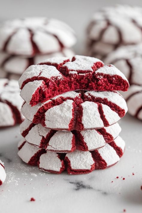 Red Velvet Crinkle Cookie: A Sweet Bite of Comfort - Emma's Cake Studio Red And White Cookies, Red And White Desserts, Red Velvet Crackle Cookies, Red Velvet Crinkles Recipe, Red Velvet Snowflake Cookies, Red Velvet Cookies Crinkle, Red Velvet Cake Mix Crinkle Cookies, Red Velvet Cookies Recipe, Red Velvet Sandwich Cookies