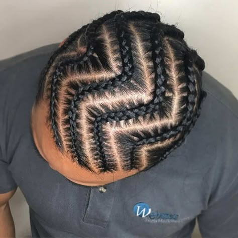 A Braided Hairstyle Featuring Zigzag Braid Pattern Braid Patterns For Men, Easy Braid Designs For Men, Male Braid Designs, Basic Braids For Black Hair, Zigzag Cornrows Braid Hairstyles, Zigzag Braids For Men, Zig Zag Braids For Men, Braided Men’s Style, Zigzag Cornrows Natural Hair