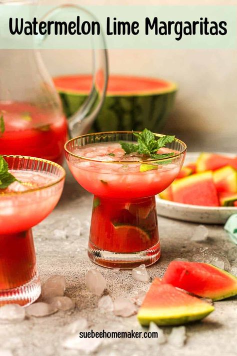 Cheers to Watermelon Margaritas on a hot summer day! These simple cocktails combine fresh watermelon juice, silver tequila, freshly squeezed limes, and agave nectar to sweeten. Add plenty of mint and lime slices, and enjoy! Homemaker Recipes, Fresh Watermelon Juice, Simple Cocktails, Watermelon Margaritas, Watermelon Mojito, Watermelon Drink, Summertime Recipes, Fresh Fruit Recipes, Lime Margarita