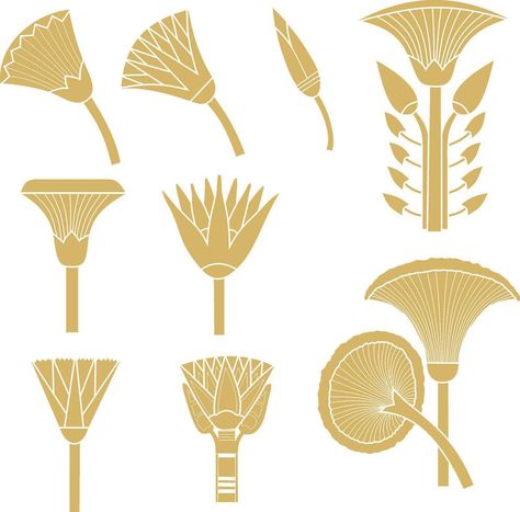 Vector gold monochrome set of ancient Egyptian signs and symbols. Lotus flower. Lotus Flower Ancient Egypt, Egyptian Art Design, Egyptian Signs, Egyptian Flowers, Ancient Egyptian Lotus, Lotus Flower Vector, Egyptian Lotus Flower, Bear Face Drawing, Painting Thoughts