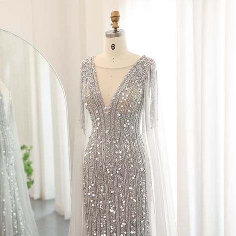 Luxury Mermaid Silver Gray Evening Dresses with Cape Sleeves Elegant Plus Size Women Wedding Guest Party Gowns SS159 Dresses With Cape Sleeves, Evening Dresses Short Parties, Gray Gown, Elegant Cape, Grey Evening Dresses, Grey Gown, Elegant Plus Size, Prom Dresses For Sale, Blue Evening Dresses