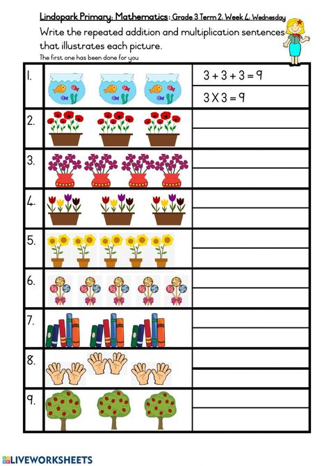 Repeat addition and multiplication online worksheet for Grade 5. You can do the exercises online or download the worksheet as pdf. Math Multiplication Worksheets, Multiplication Activities, Repeated Addition, 3rd Grade Math Worksheets, Teaching Multiplication, Mathematics Worksheets, 1st Grade Math Worksheets, Math Multiplication, 2nd Grade Worksheets