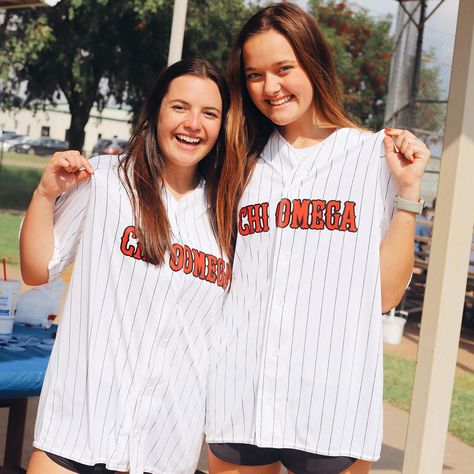 Sorority Jersey Outfit, Sorority Baseball Jersey, Sorority Jersey, Aphi Merch, Chi Omega Sorority, School Spirit Shirts, Chair Ideas, Spirit Shirts, Jersey Outfit