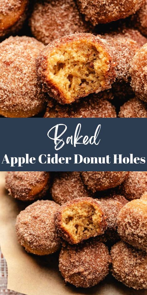 Baked Apple Cider Donut Holes - I Heart Eating Donut Hole Maker Recipes, Mini Donut Muffins, Apple Cider Donut Holes Recipe, Recipes With Apple Cider, Apple Cider Desserts, Donut Hole Recipe Baked, Apple Cider Donut Holes, Cider Muffins, Baked Donut Holes