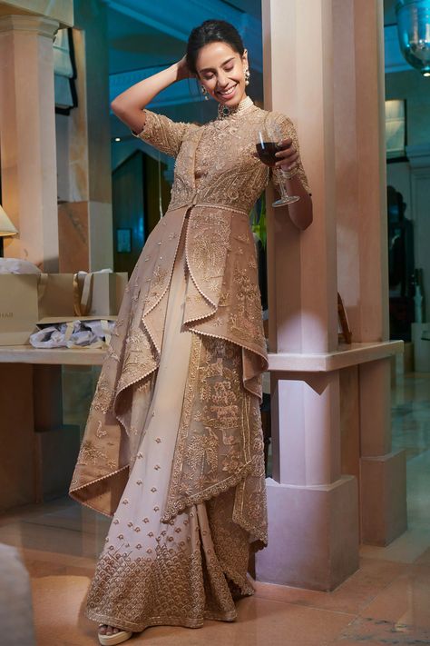 Organza Sharara, Sahil Kochhar, Organza Jacket, Beige Silk, Designer Party Wear Dresses, Designer Dresses Casual, Boutique Dress Designs, Stylish Party Dresses, Party Wear Indian Dresses