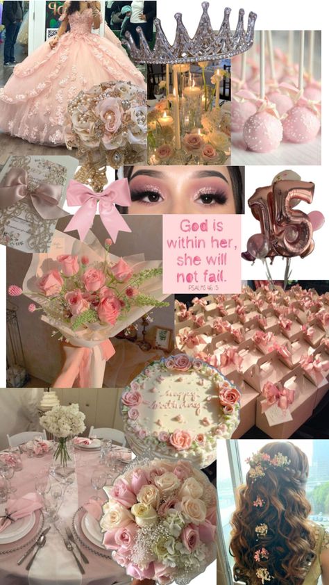 Princess Quinceanera Theme, Paris Quinceanera Theme, Champagne Quince Dresses, Pink Quince Theme, Light Pink Quinceanera Dresses, Quince Decorations Ideas, Rose Gold Quinceanera, Sweet 15 Party Ideas Quinceanera, Sweet 15 Party Ideas